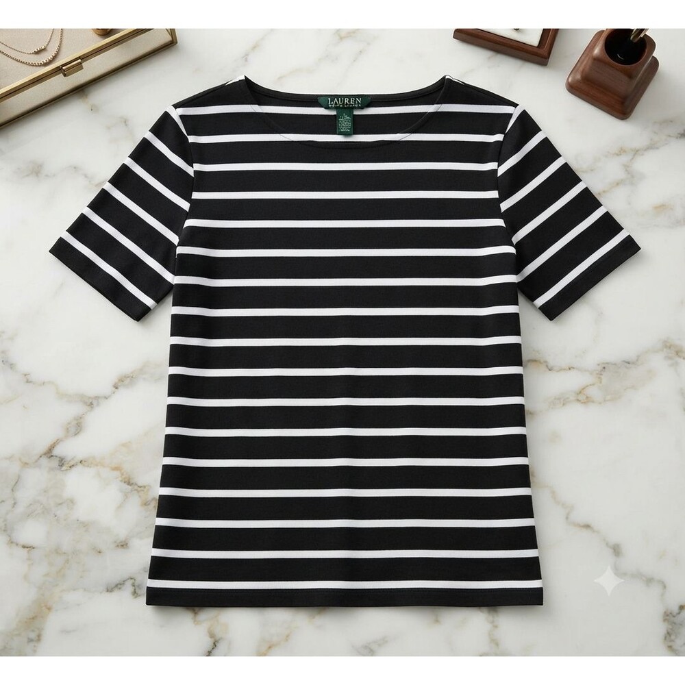 Lauren Ralph Lauren Women’s L Black White Striped Boatneck Stretch Knit Top Chic